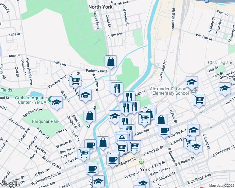 map of restaurants, bars, coffee shops, grocery stores, and more near 411 Interstate 83 Business in York