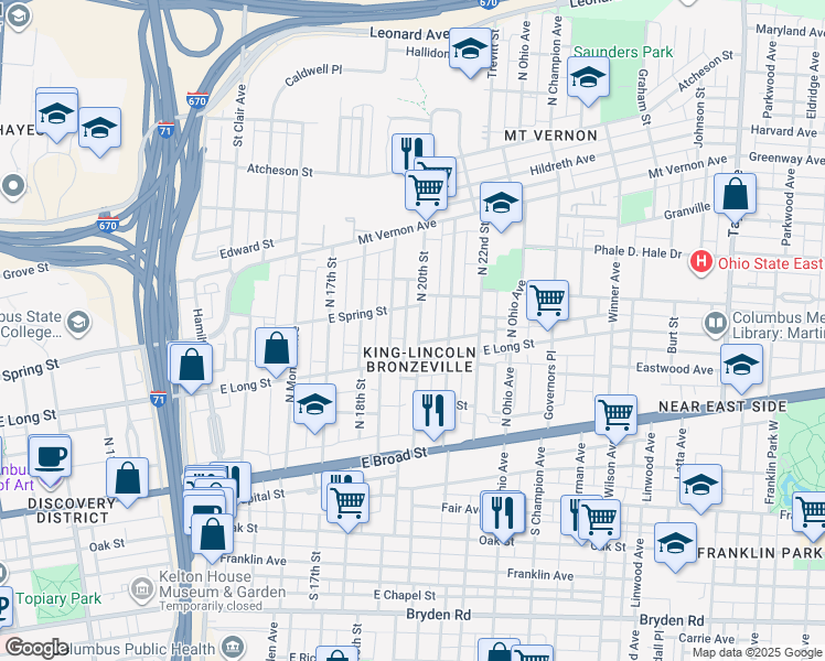 map of restaurants, bars, coffee shops, grocery stores, and more near 163 North 20th Street in Columbus