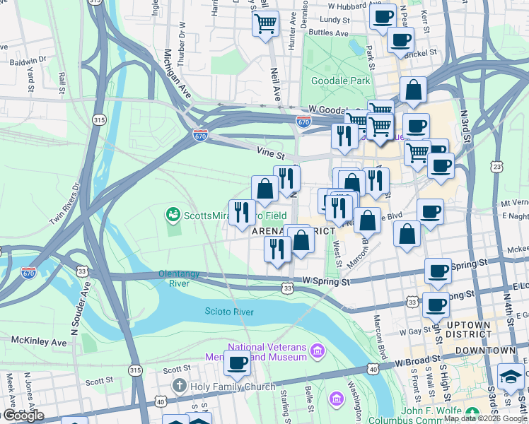 map of restaurants, bars, coffee shops, grocery stores, and more near 155 South Pearl Street in Columbus