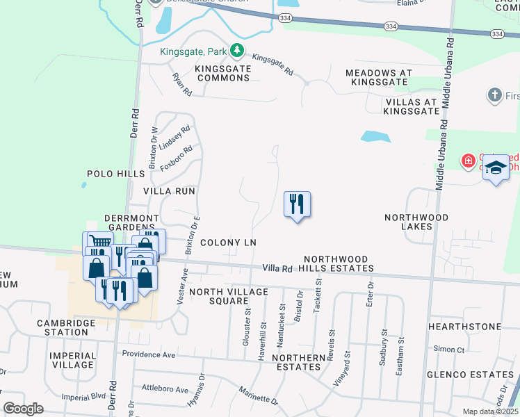 map of restaurants, bars, coffee shops, grocery stores, and more near 3060 Colony Lane in Springfield