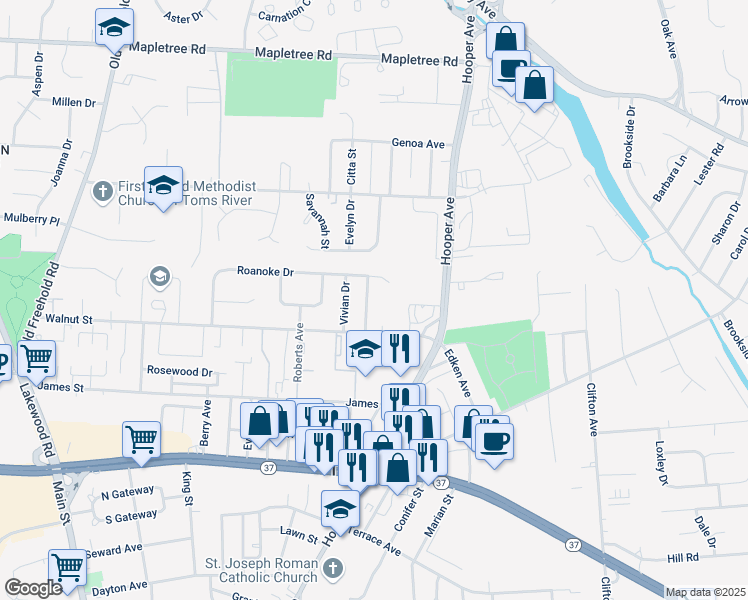 map of restaurants, bars, coffee shops, grocery stores, and more near 1015 Vauxhall Road in Toms River