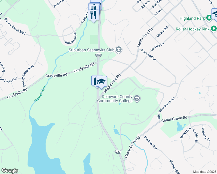 map of restaurants, bars, coffee shops, grocery stores, and more near 901 Media Line Road in Media