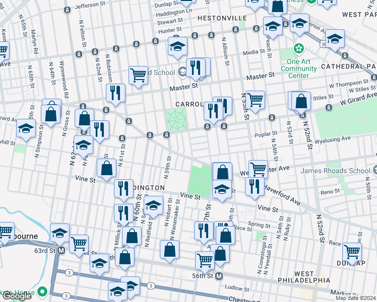 map of restaurants, bars, coffee shops, grocery stores, and more near 516 North 58th Street in Philadelphia