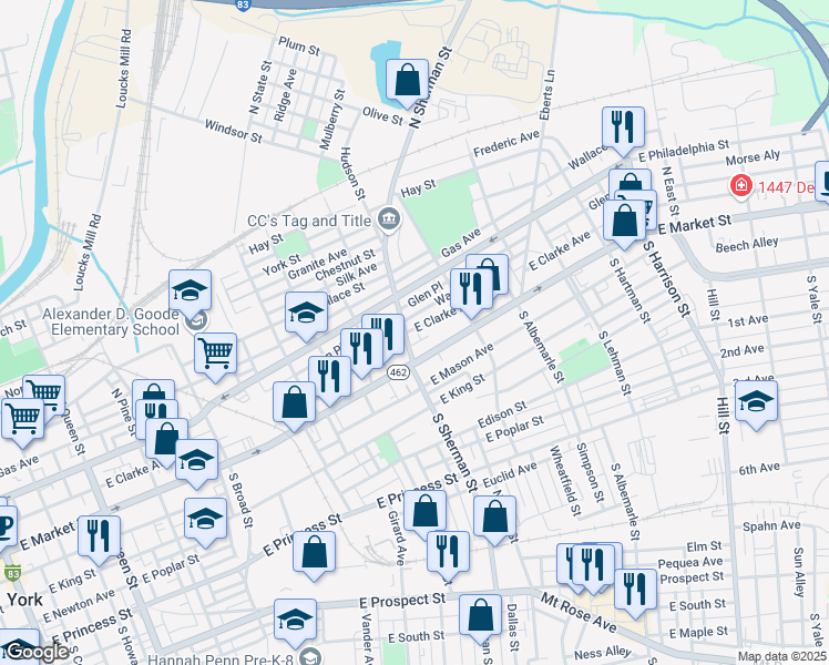 map of restaurants, bars, coffee shops, grocery stores, and more near 35 North Sherman Street in York