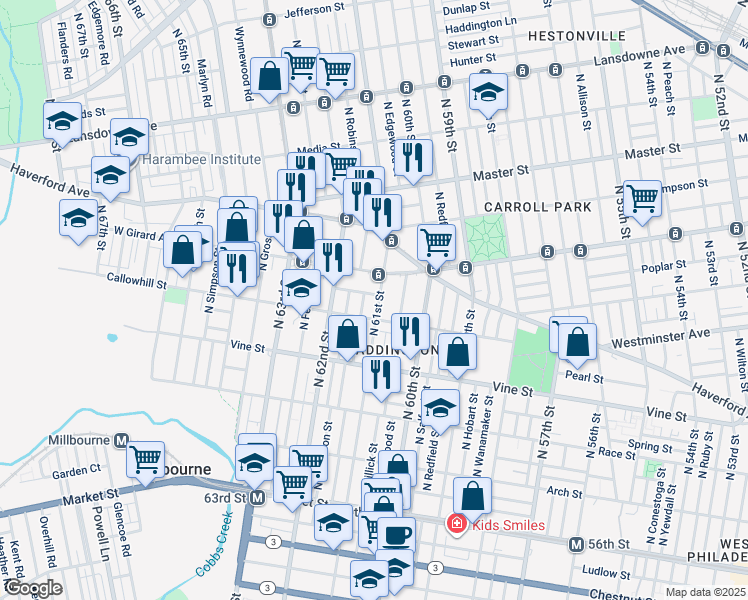 map of restaurants, bars, coffee shops, grocery stores, and more near 426 North 61st Street in Philadelphia