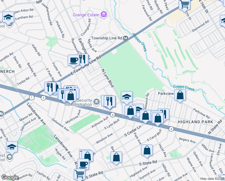 map of restaurants, bars, coffee shops, grocery stores, and more near 122 North Lynn Boulevard in Delaware County