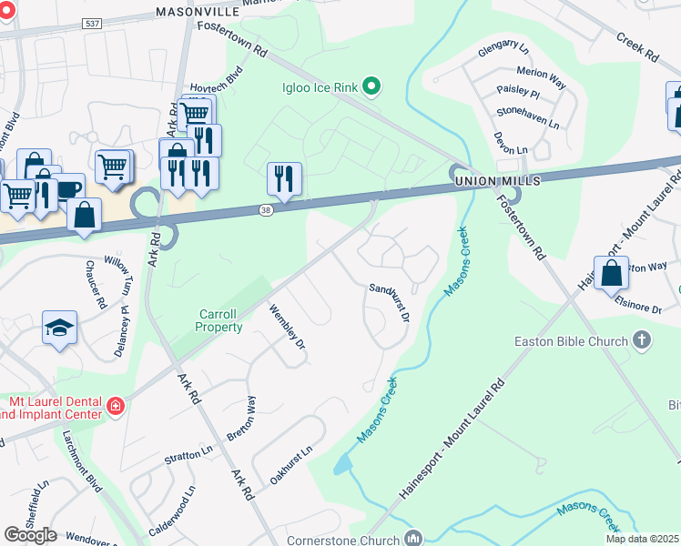 map of restaurants, bars, coffee shops, grocery stores, and more near 13 Sandhurst Drive in Mount Laurel Township