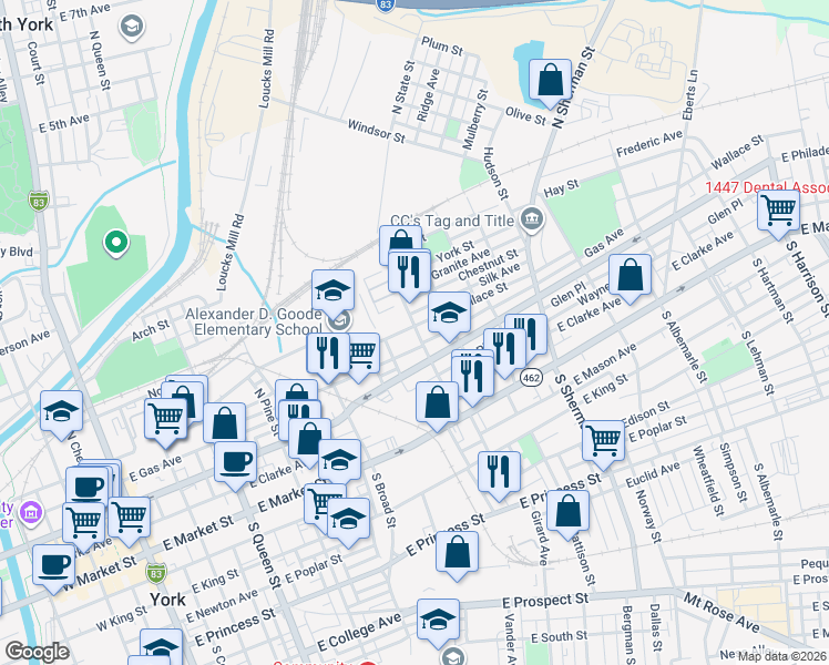 map of restaurants, bars, coffee shops, grocery stores, and more near 538 Wallace Street in York