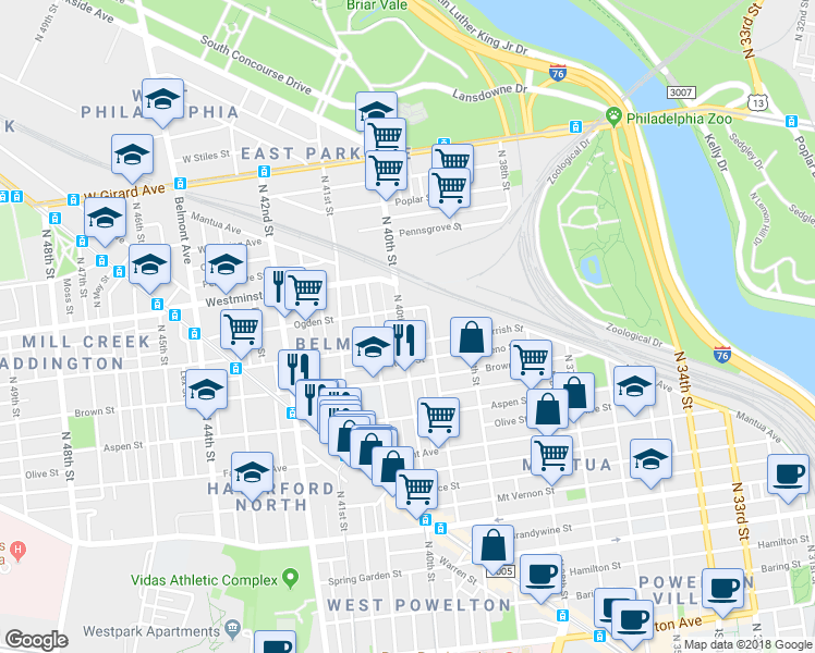 map of restaurants, bars, coffee shops, grocery stores, and more near 853 North 40th Street in Philadelphia
