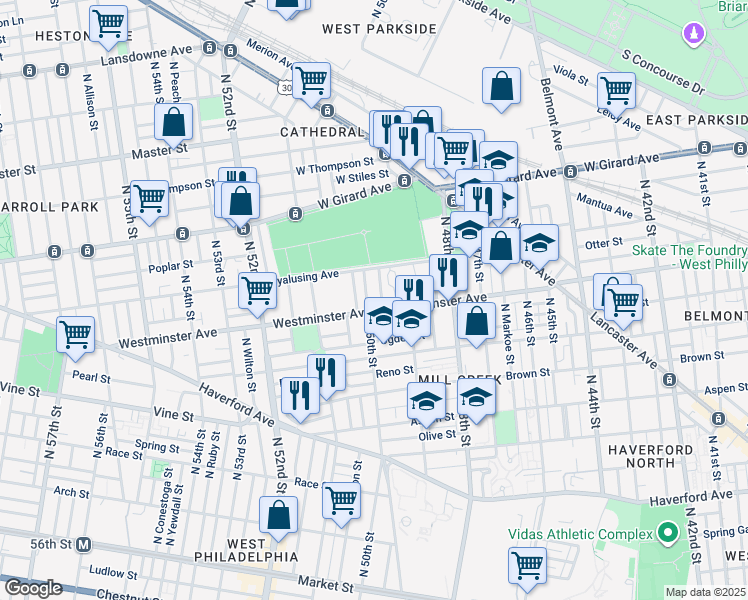 map of restaurants, bars, coffee shops, grocery stores, and more near 911 North 50th Street in Philadelphia