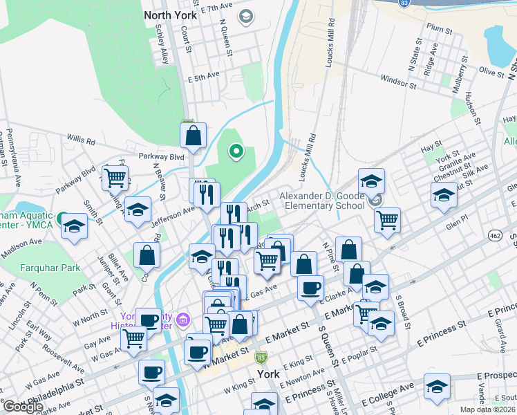 map of restaurants, bars, coffee shops, grocery stores, and more near 138 Arch Street in York