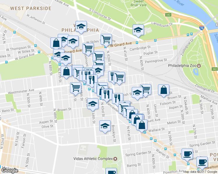 map of restaurants, bars, coffee shops, grocery stores, and more near 4219 Ogden Street in Philadelphia