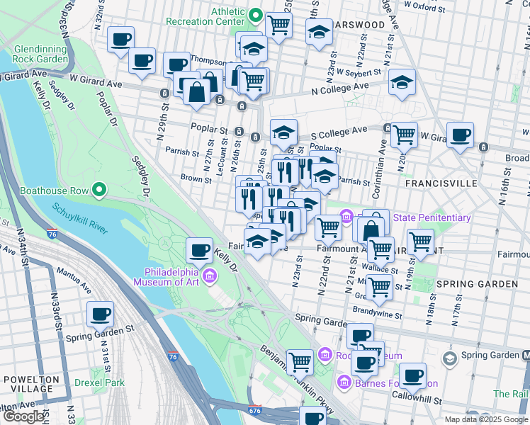 map of restaurants, bars, coffee shops, grocery stores, and more near 737 North Taylor Street in Philadelphia