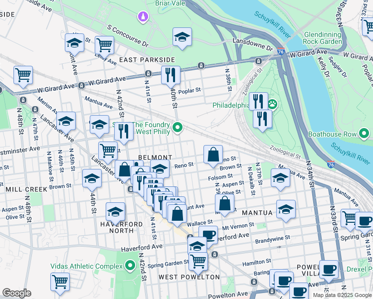 map of restaurants, bars, coffee shops, grocery stores, and more near 824 Sloan Street in Philadelphia