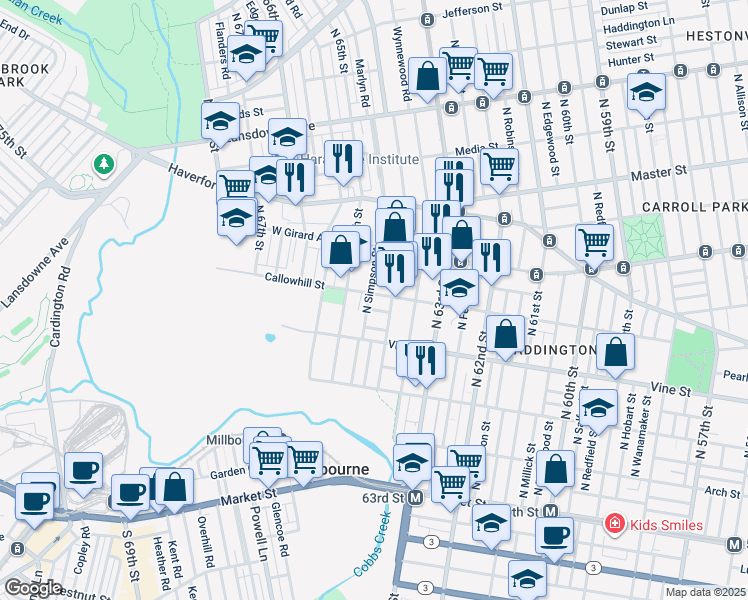 map of restaurants, bars, coffee shops, grocery stores, and more near 6424 Callowhill Street in Philadelphia