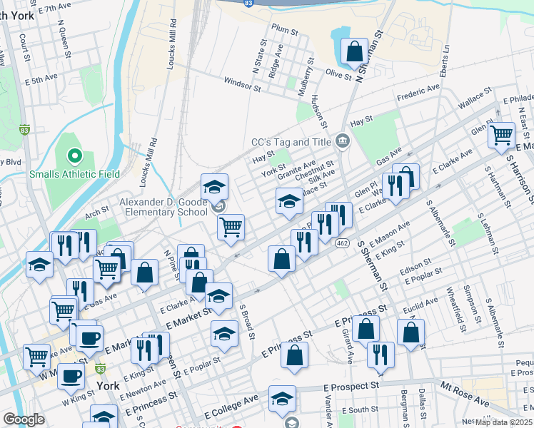 map of restaurants, bars, coffee shops, grocery stores, and more near 540 Wallace Street in York