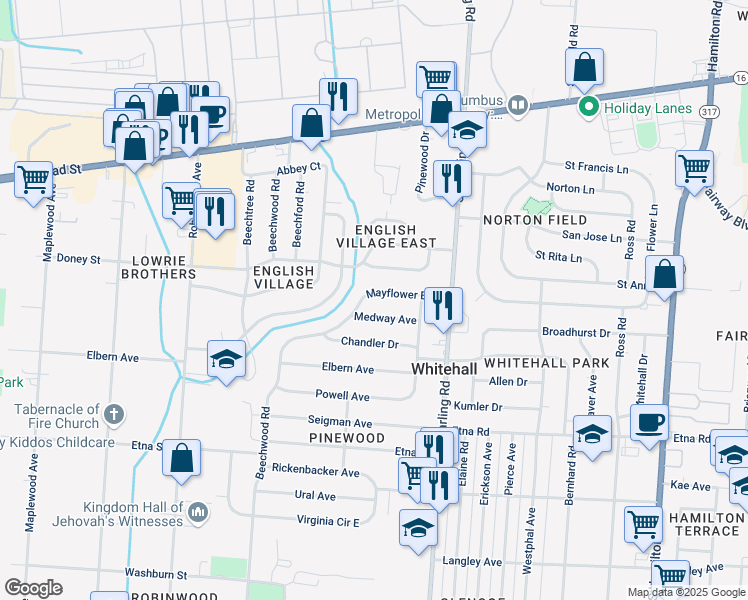 map of restaurants, bars, coffee shops, grocery stores, and more near 4203 Mayflower Boulevard in Columbus