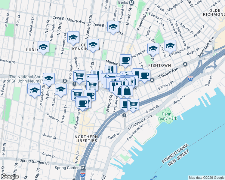 map of restaurants, bars, coffee shops, grocery stores, and more near in Philadelphia