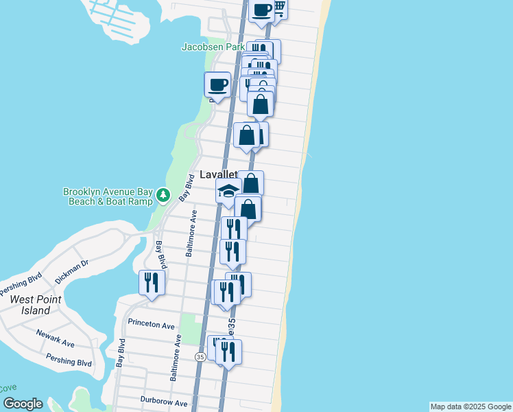 map of restaurants, bars, coffee shops, grocery stores, and more near 23 Washington Ave in Lavallette