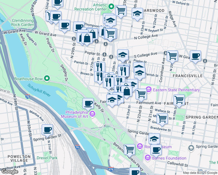 map of restaurants, bars, coffee shops, grocery stores, and more near 754 North 25th Street in Philadelphia