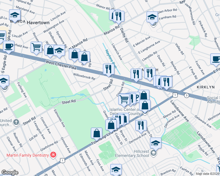 map of restaurants, bars, coffee shops, grocery stores, and more near 309 Steel Road in Havertown