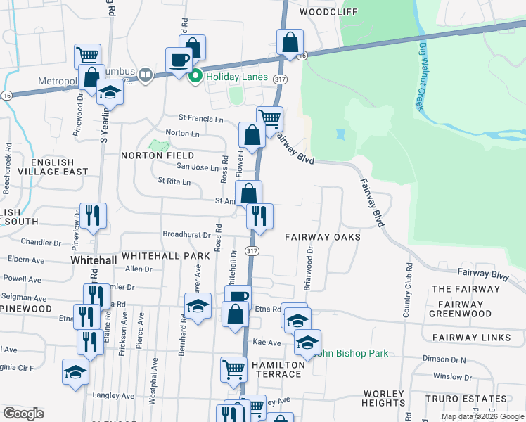 map of restaurants, bars, coffee shops, grocery stores, and more near 300 South Hamilton Road in Gahanna