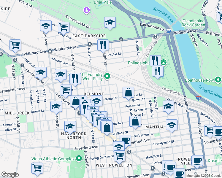 map of restaurants, bars, coffee shops, grocery stores, and more near 853 North 40th Street in Philadelphia