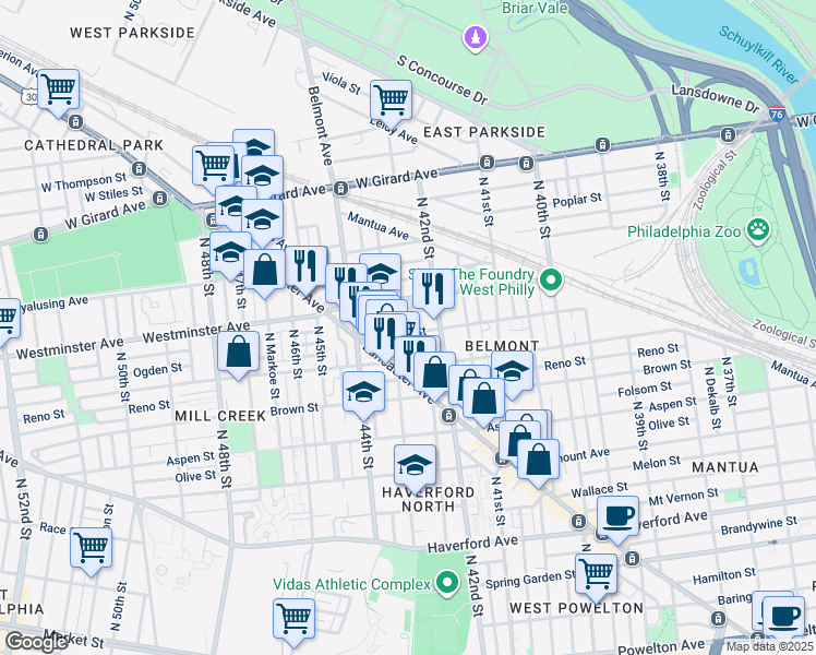map of restaurants, bars, coffee shops, grocery stores, and more near 4235 Ogden Street in Philadelphia