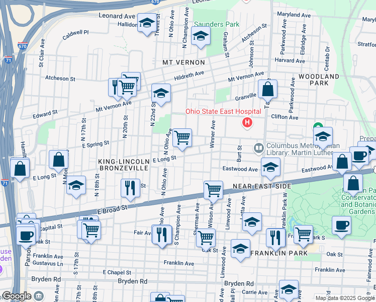 map of restaurants, bars, coffee shops, grocery stores, and more near 1240 East Long Street in Columbus