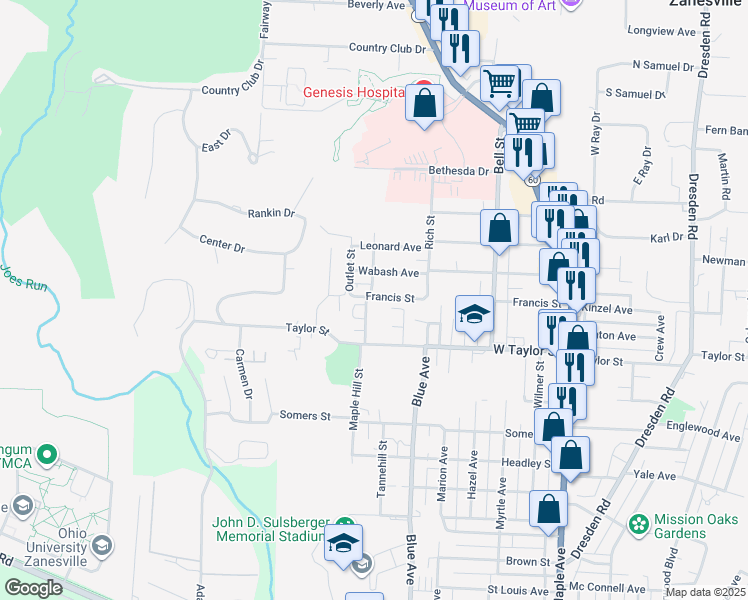 map of restaurants, bars, coffee shops, grocery stores, and more near 2454 Hartford Avenue in Zanesville