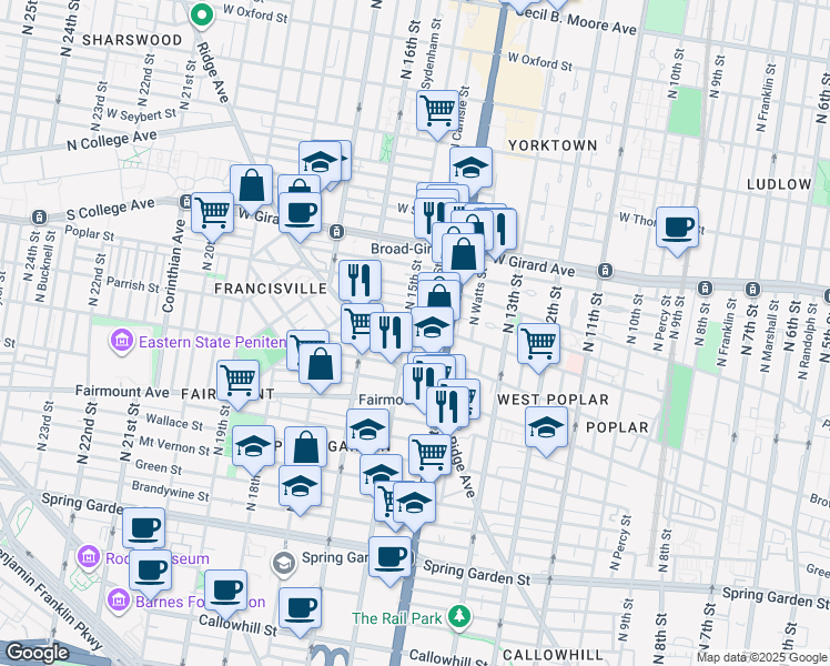 map of restaurants, bars, coffee shops, grocery stores, and more near 1504 Parrish Street in Philadelphia