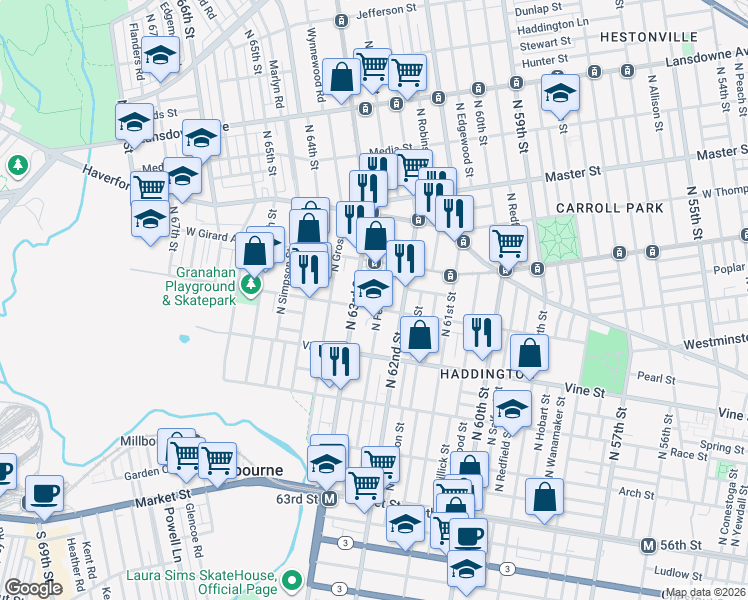 map of restaurants, bars, coffee shops, grocery stores, and more near 408 North Felton Street in Philadelphia