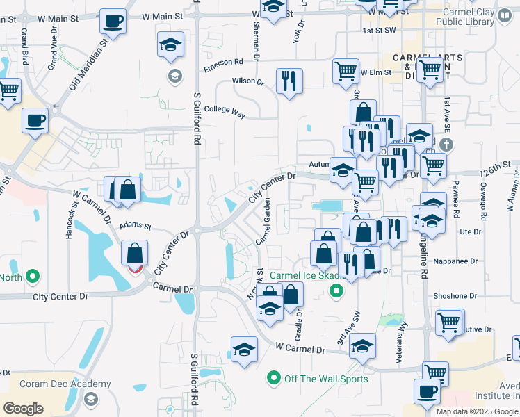 map of restaurants, bars, coffee shops, grocery stores, and more near 513 Aberdeen Street in Carmel