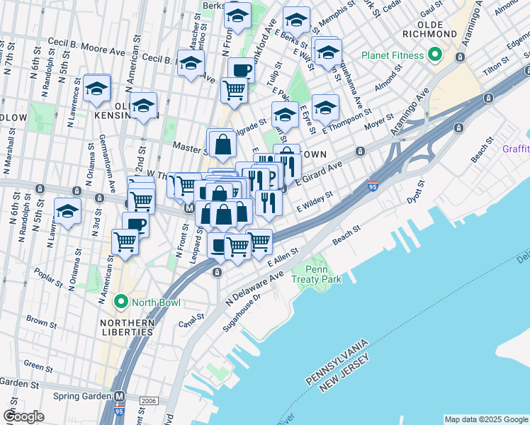 map of restaurants, bars, coffee shops, grocery stores, and more near 1120 Marlborough Street in Philadelphia