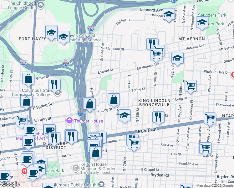 map of restaurants, bars, coffee shops, grocery stores, and more near 195 North Monroe Avenue in Columbus