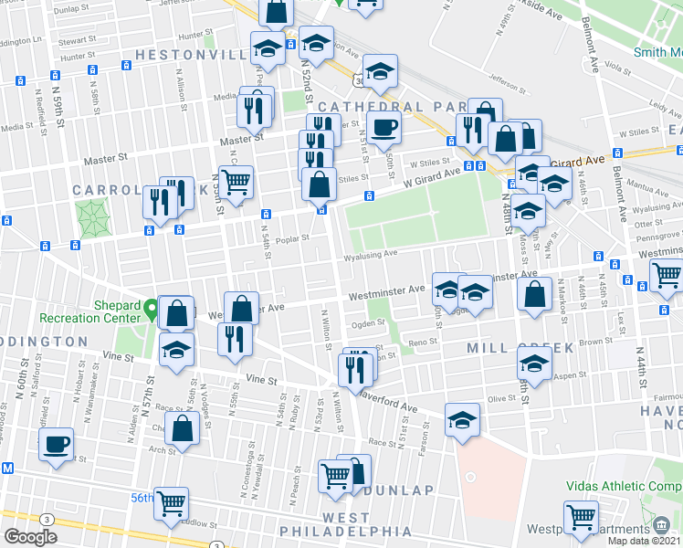 map of restaurants, bars, coffee shops, grocery stores, and more near 533 North 52nd Street in Philadelphia