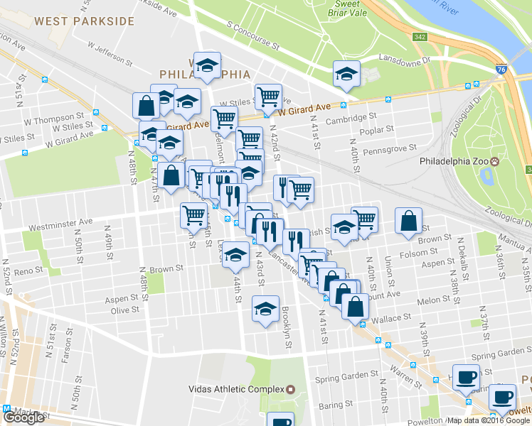 map of restaurants, bars, coffee shops, grocery stores, and more near 4231 Ogden Street in Philadelphia