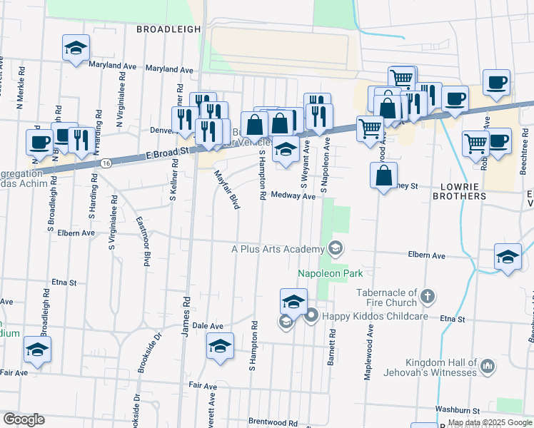map of restaurants, bars, coffee shops, grocery stores, and more near 156 South Hampton Road in Columbus