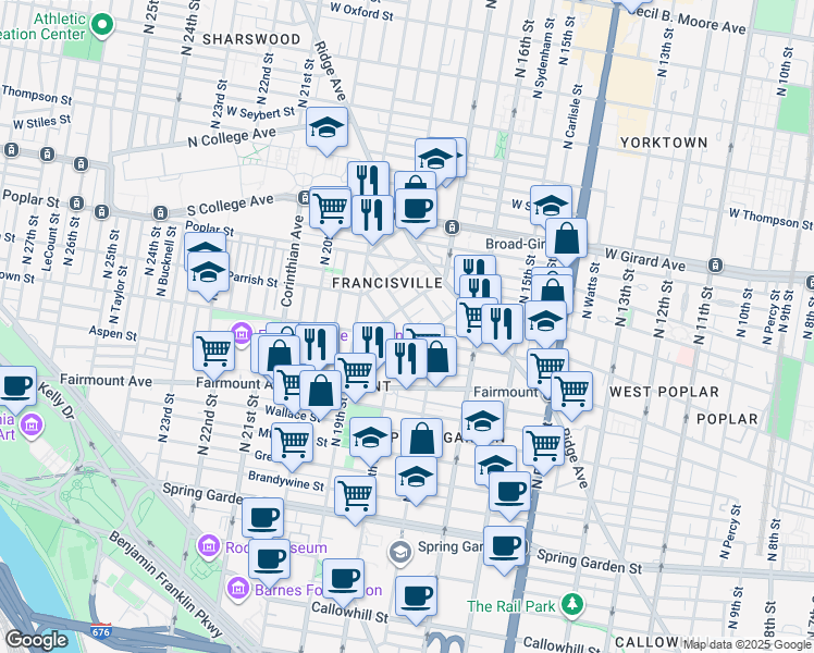 map of restaurants, bars, coffee shops, grocery stores, and more near 816 Perkiomen Street in Philadelphia