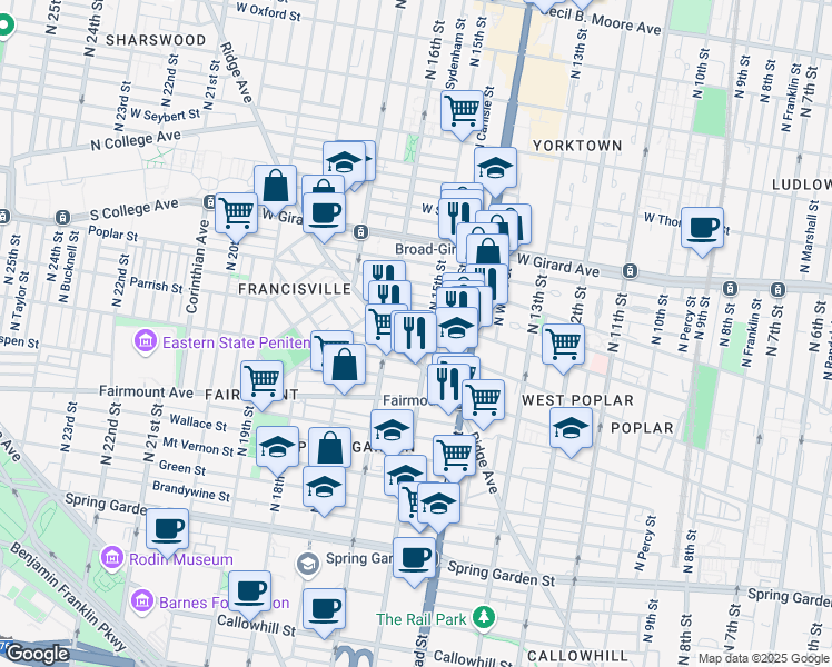 map of restaurants, bars, coffee shops, grocery stores, and more near 1504 Parrish Street in Philadelphia