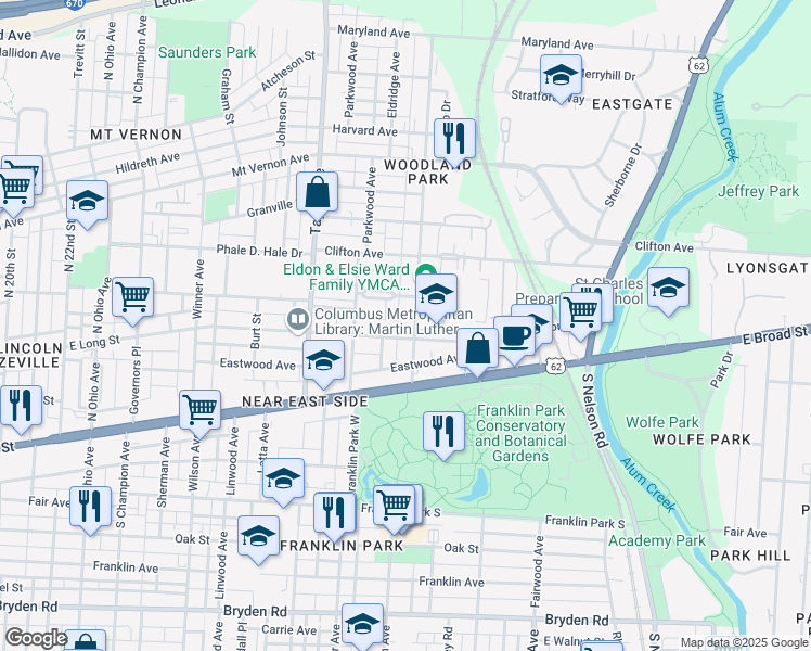 map of restaurants, bars, coffee shops, grocery stores, and more near 81 Woodland Avenue in Columbus