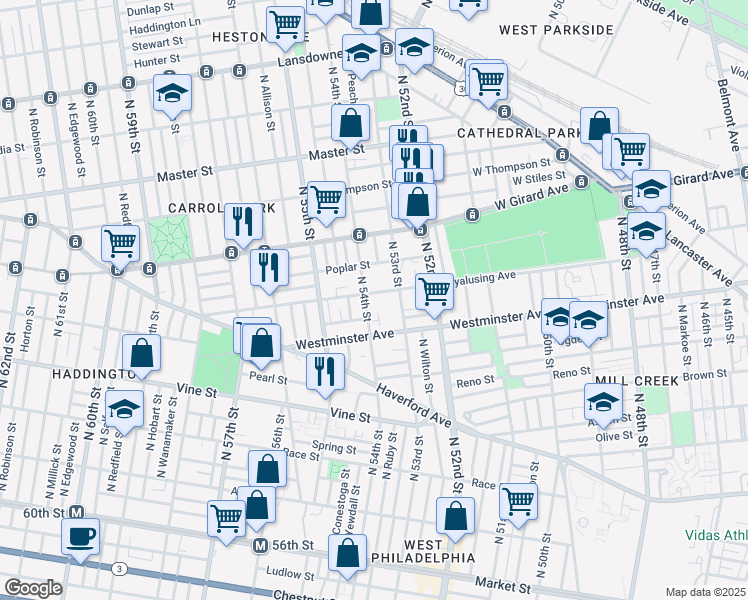 map of restaurants, bars, coffee shops, grocery stores, and more near 5322 Wyalusing Avenue in Philadelphia
