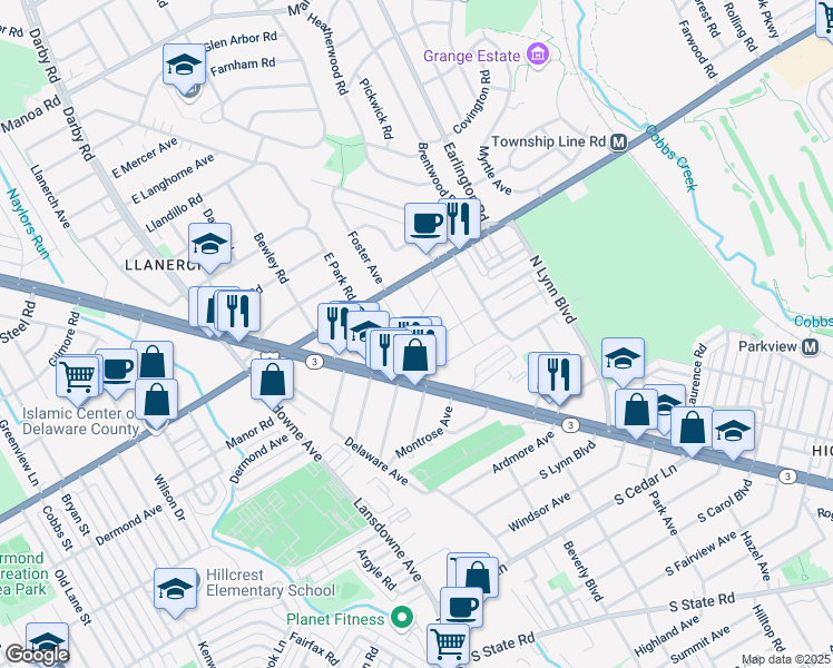 map of restaurants, bars, coffee shops, grocery stores, and more near 17 North Kirklyn Avenue in Delaware County