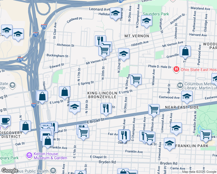 map of restaurants, bars, coffee shops, grocery stores, and more near 165 North 21st Street in Columbus
