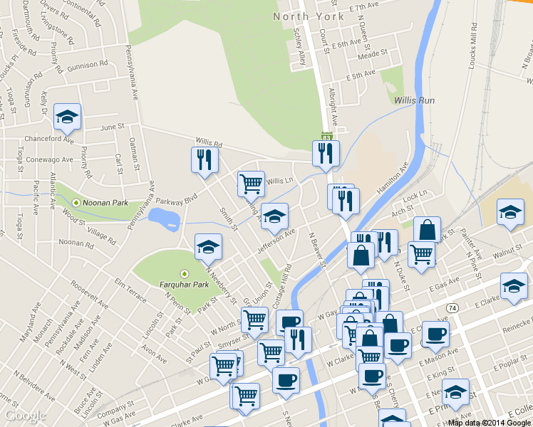 map of restaurants, bars, coffee shops, grocery stores, and more near 181 Lincoln St in York