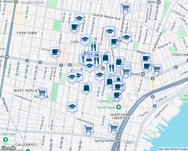 map of restaurants, bars, coffee shops, grocery stores, and more near 1036 North Lawrence Street in Philadelphia