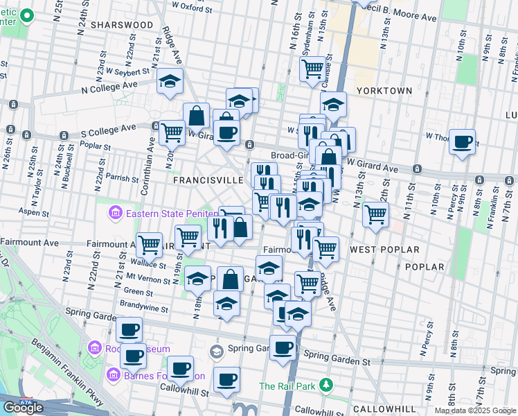map of restaurants, bars, coffee shops, grocery stores, and more near 1611-13 Parrish Street in Philadelphia