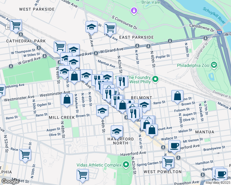 map of restaurants, bars, coffee shops, grocery stores, and more near 4231 Ogden Street in Philadelphia