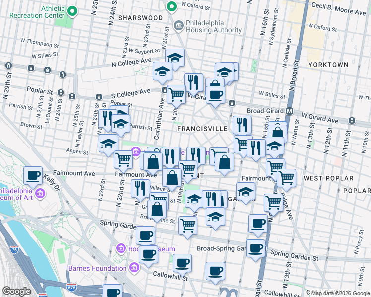 map of restaurants, bars, coffee shops, grocery stores, and more near 803 North 19th Street in Philadelphia