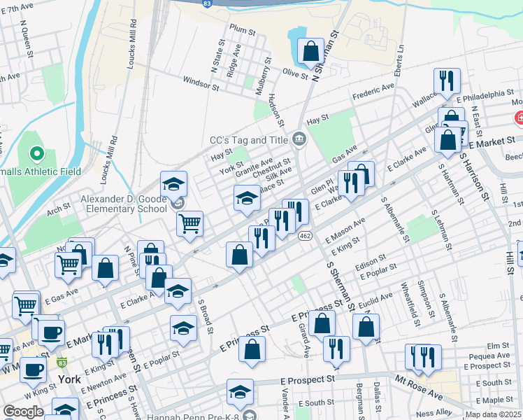 map of restaurants, bars, coffee shops, grocery stores, and more near 667 East Philadelphia Street in York
